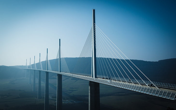Millau-Viadukt, Frankreich, Brücke, Landschaft, Tal, Millau-Viadukt, Frankreich, Architektur, 3D, Berge, Himmel, HD-Hintergrundbild