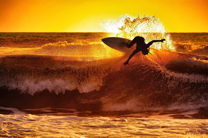 white surfboard, surfing, waves, sunset, HD wallpaper
