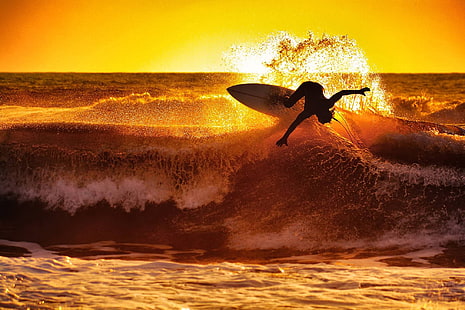 white surfboard, surfing, waves, sunset, HD wallpaper HD wallpaper