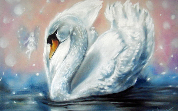 fada, pintura, cisne, água, branco, asas, HD papel de parede