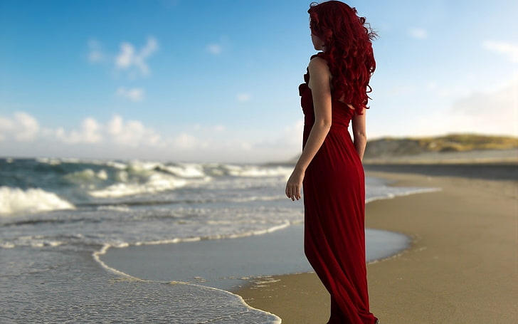 жена, облечена в червена рокля, червена рокля, червенокоса, HD тапет