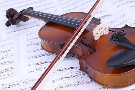 кафява цигулка, ноти, музика, цигулка, книга, HD тапет HD wallpaper