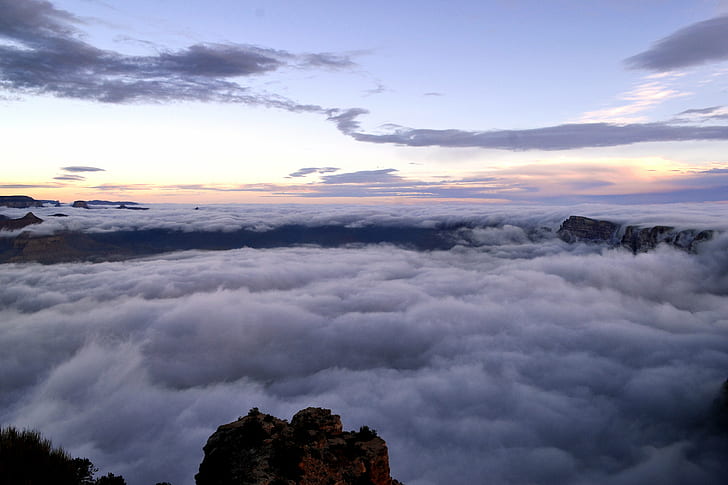 sea of clouds during yellow sunset, grand canyon national park, grand canyon national park, Grand Canyon National Park, Total, Inversion, sea of clouds, yellow, sunset, WEATHER, DESERT VIEW, Nature, SCENIC  overlook, mountain, cloud - Sky, scenics, cloudscape, landscape, mountain Peak, outdoors, fog, sky, HD wallpaper