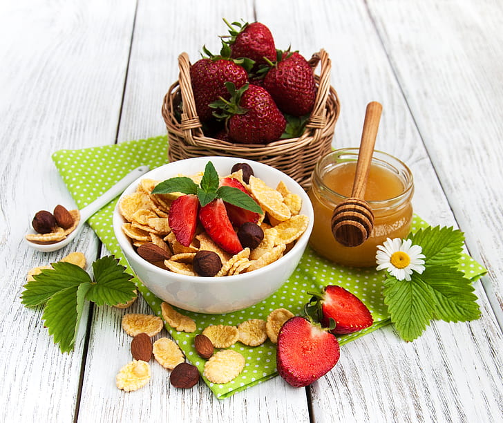 Food, Breakfast, Berry, Cereal, Honey, Still Life, Strawberry, HD wallpaper