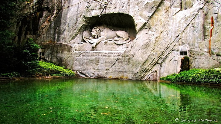 sculpture, pond, Latin, statue, lion, Lion of Lucerne, HD wallpaper