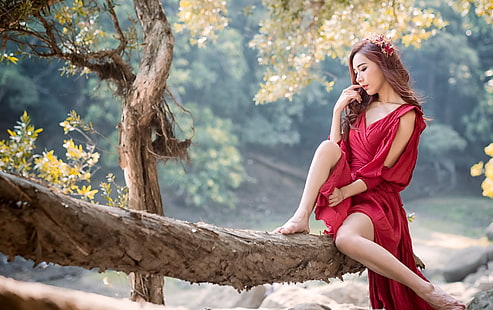 Asian, women outdoors, trees, legs, women, model, branch, red, redhead, barefoot, red dress, HD wallpaper HD wallpaper