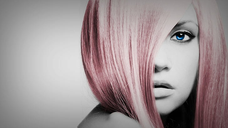 Frauen, Augen, gefärbtes Haar, selektive Färbung, einfacher Hintergrund, HD-Hintergrundbild