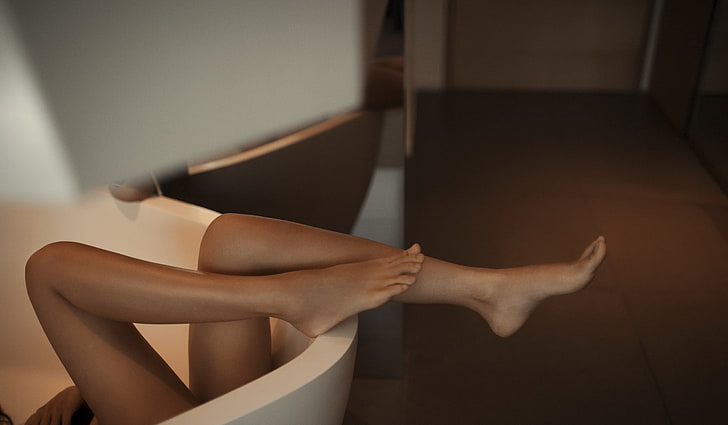 bak mandi putih, gadis, pose, kaki, mandi, Wallpaper HD