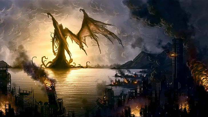 крила, Cthulhu, унищожение, създание, H. P. Lovecraft, произведения на изкуството, фентъзи изкуство, огън, HD тапет