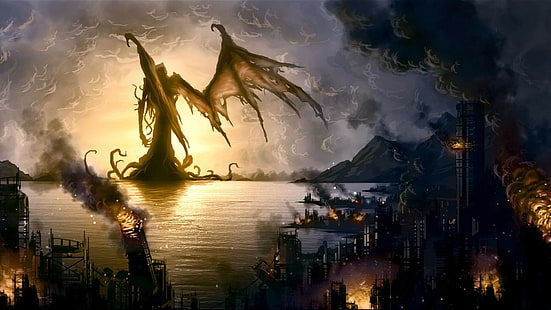 ali, Cthulhu, distruzione, creatura, H. P. Lovecraft, opera d'arte, fantasy art, fuoco, Sfondo HD HD wallpaper