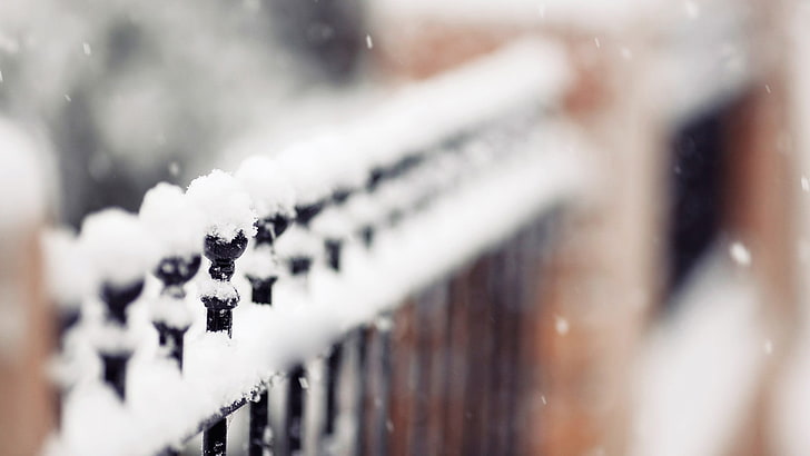 выборочный фокус фотография снега, глубина резкости, снег, забор, металл, зима, HD обои