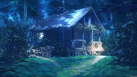 bosque, noche, cabaña, verano eterno, campamento de verano, Fondo de pantalla HD HD wallpaper