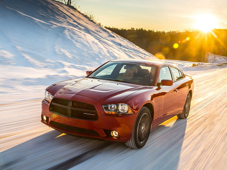 Dodge, Charger, AWD, Sport, red dodge charger, Dodge, charger, AWD, sport, snow, road, sun, HD wallpaper