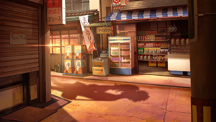 anime landscape, kissing shadow, romance, streets, shop, Anime, HD wallpaper