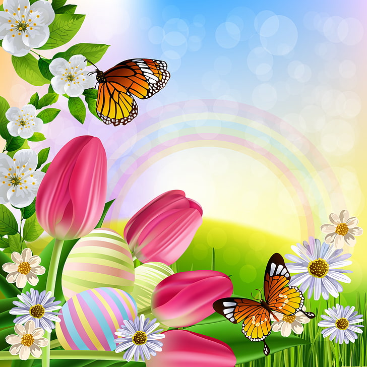 butterfly, flowers, figure, rainbow, tulips, brightness, HD wallpaper