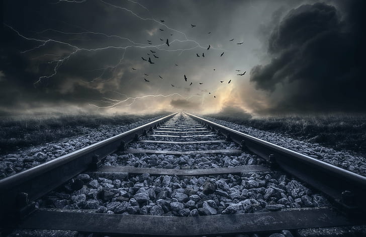 fotografia di rotaia del treno, traccia, fotografia, treno, tempesta, paesaggio, ferrovia, nuvole, fulmine, uccelli, rotaia, surreale, binario ferroviario, natura, Sfondo HD