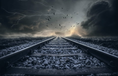 фотография на влак релса, писта, фотография, влак, буря, пейзаж, железопътна линия, облаци, мълния, птици, релса, сюрреалистичен, железопътна линия, природа, HD тапет HD wallpaper