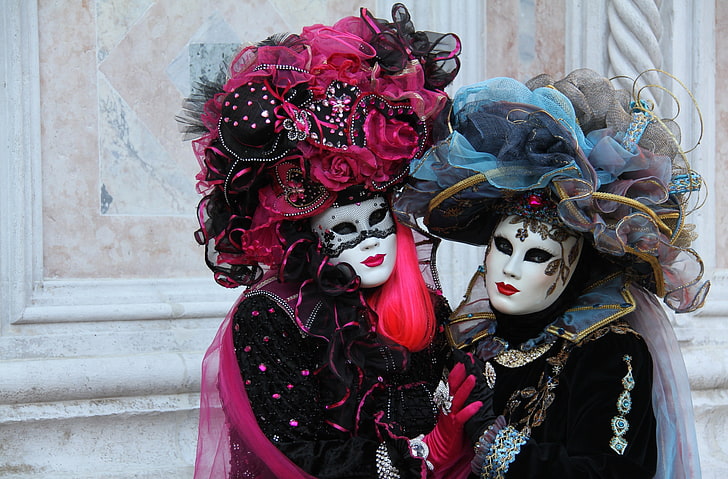 two white opera masks, carnival, mask, Venice, costumes, HD wallpaper
