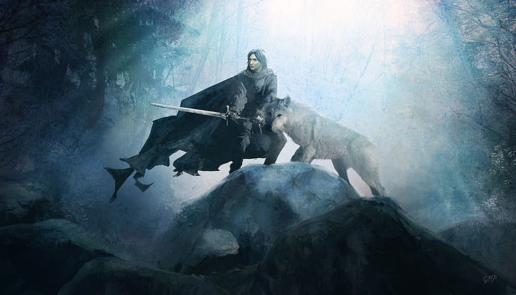 オオカミ、氷と火の歌、ゲームオブスローンズと剣を保持している男、 HDデスクトップの壁紙