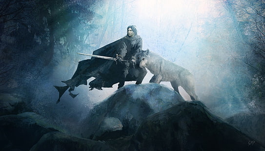 Mann hält ein Schwert mit Wolf, ein Lied von Eis und Feuer, Game of Thrones, HD-Hintergrundbild HD wallpaper