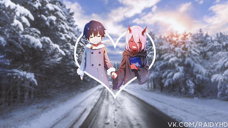 anime-tjejer, anime, Zero Two, Zero Two (Darling in the FranXX), vinter, picture-in-picture, Darling in the FranXX, HD tapet