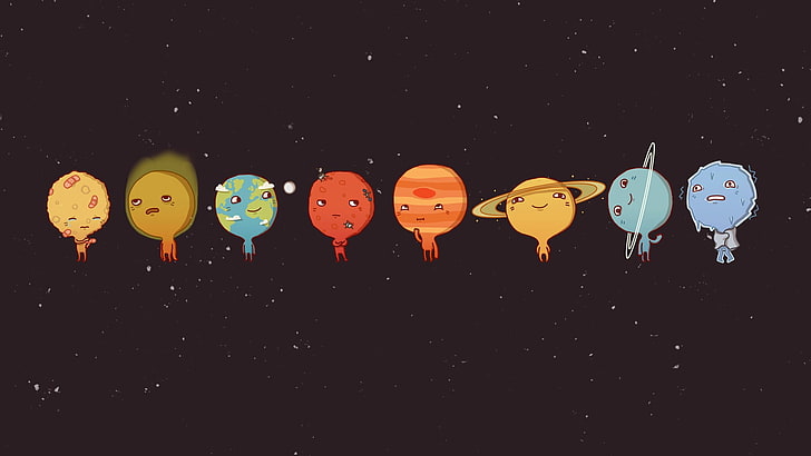 pianeta sfondo digitale, spazio, sole, venere, mercurio, terra, marte, luna, sistema solare, minimalismo, umorismo, cartone animato, nettuno, saturno, Sfondo HD