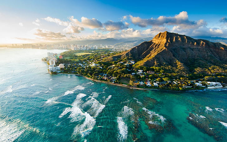 Diamond Head günbatımında, Hawaii, ABD, güzel şehir, deniz, sahil, Diamond Head, günbatımında, Hawaii, ABD, Güzel, Şehir, Deniz, Sahil, HD masaüstü duvar kağıdı