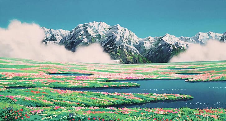 aquarela, paisagem, montanhas, Studio Ghibli, campo, HD papel de parede