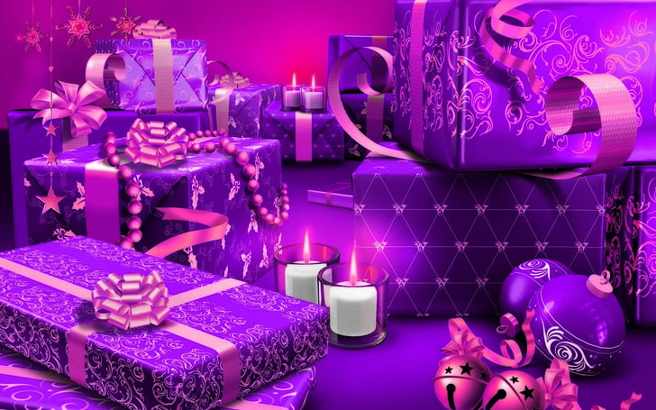 Noël, babiole, bougie, décoration, cadeau, violet, Fond d'écran HD
