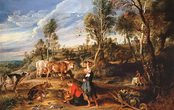 animals, picture, cows, Peter Paul Rubens, Pieter Paul Rubens, Landscape with Milkmaids, Farm at Laken, HD wallpaper