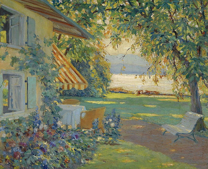 cuadro, Edward Cucuel, jardín artístico en el lago Starnberg, Fondo de pantalla HD