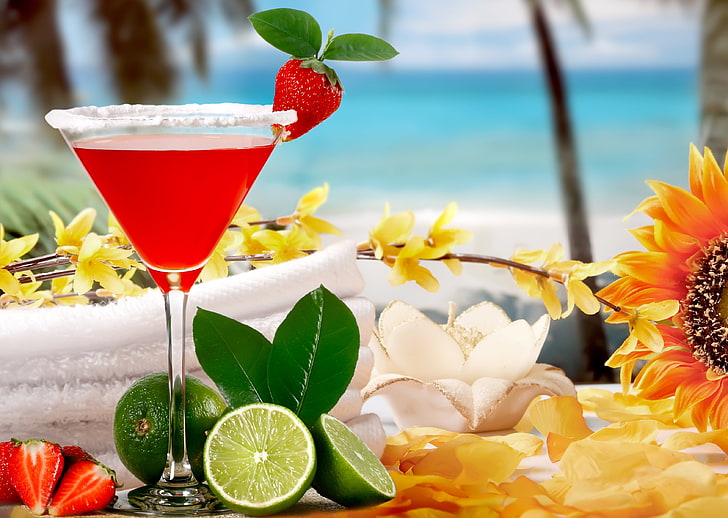 clear cocktail glass, sea, strawberry, cocktail, lime, fruit, fresh, drink, fruits, tropical, HD wallpaper