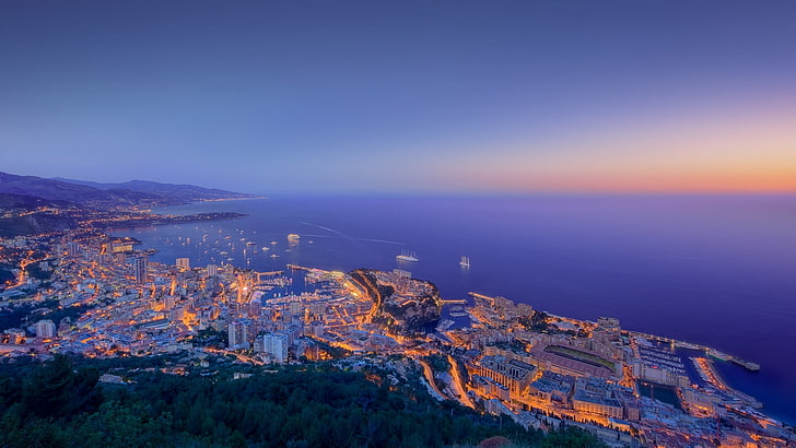 Santorini, Yunani, Monako, cityscape, malam, laut, horizon, lanskap, lampu, ruang, pesawat ruang angkasa, kerangka, elang, Wallpaper HD