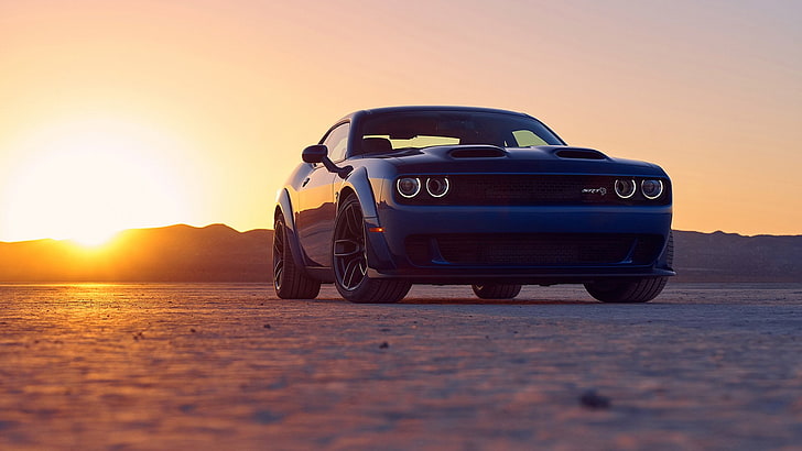 Dodge, Dodge Challenger SRT, Blaues Auto, Wüste, Dodge Challenger SRT Hellcat, Luxusauto, Sonnenuntergang, HD-Hintergrundbild