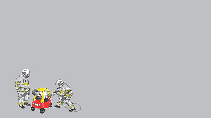 żółto-czerwona przytulna ilustracja coupe, minimalizm, humor, grafika, strażak, proste tło, Tapety HD