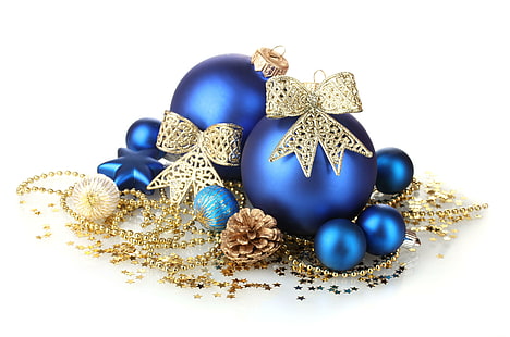 クリスマスのおもちゃ、青、ボール、星、コーン、装飾、クリスマスのおもちゃ、青、ボール、星、コーン、装飾、 HDデスクトップの壁紙 HD wallpaper