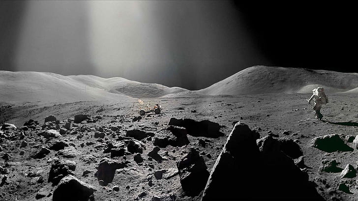 Lunar Landing Rover Astronaut Lunar Lander Moon Landing Moon Alien Landscape HD, пейзаж, космос, луна, извънземно, роувър, астронавт, кацане, лунен, кацащ, HD тапет