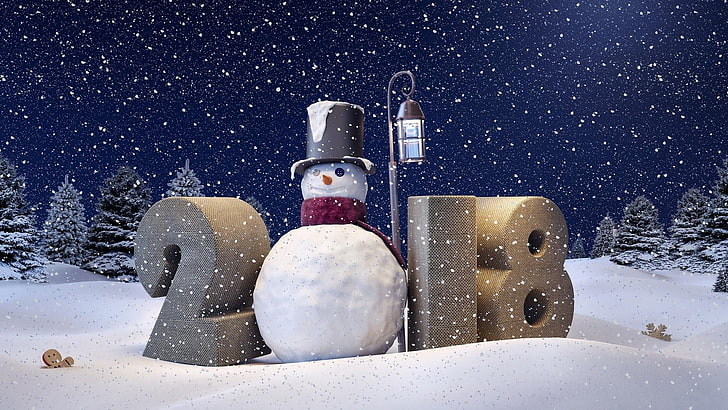 2018, snowman, snowfall, snowing, lantern, snow, winter, freezing, sky, christmas, night, new year, HD wallpaper