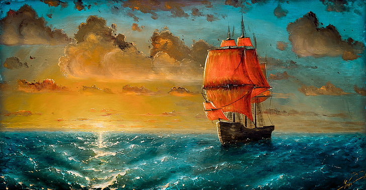 nave galeone su mare illustrazione, mare, onda, nuvole, tramonto, nave, barca a vela, arte, Sfondo HD