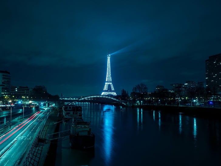 Monument, Eiffeltornet, staden, Frankrike, ljus, monumentet, natten, Paris, floden, HD tapet