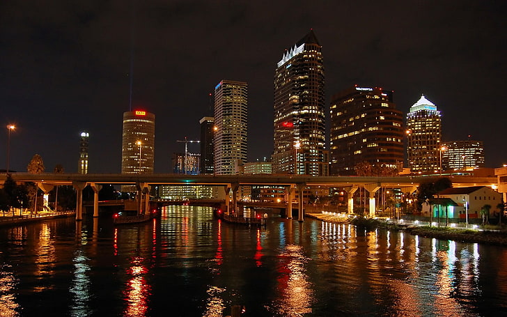paysage urbain, bâtiment, pont, lumières, rivière, réflexion, Tampa, Fond d'écran HD