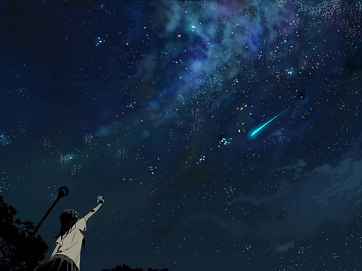 menina, apontando a mão para estrelas clip-art, anime, estrelas cadentes, HD papel de parede