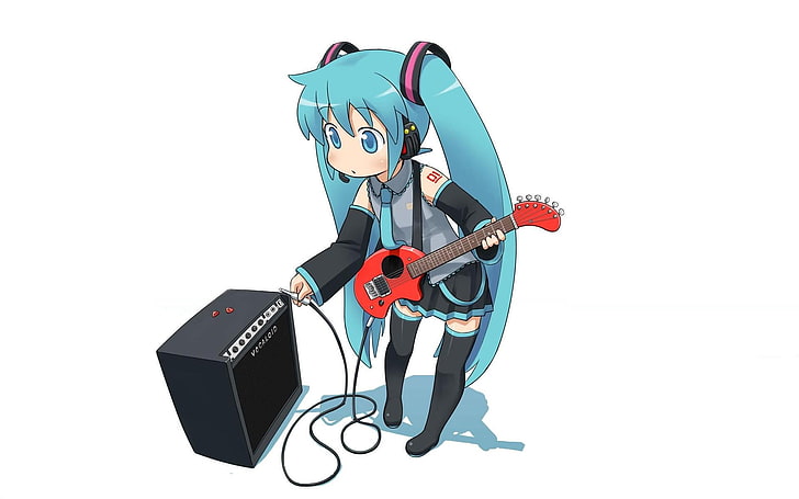 Hatsune Miku, girl, guitar, headphones, speakers, equipment, HD wallpaper