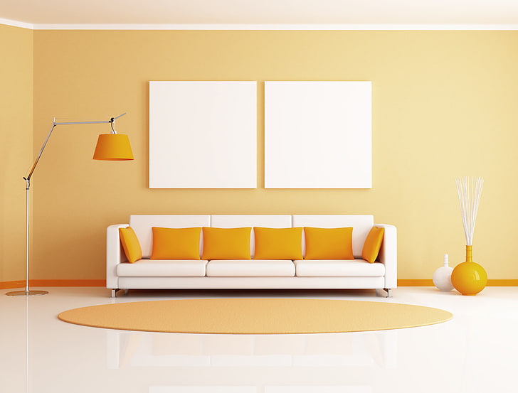 biała tkanina sofa 3-osobowa i poduszki, lampka, pokój, sofa, poduszka, mat, Tapety HD