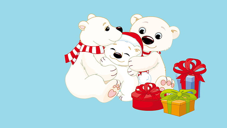 teddy bear, christmas, family, christmas present, three polar bear, teddy bear, christmas, family, christmas present, HD wallpaper