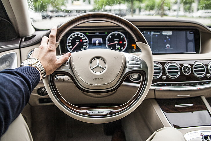 grey Mercedes-Benz steering wheel and dashboard, mercedes, car, steering wheel, interior, HD wallpaper