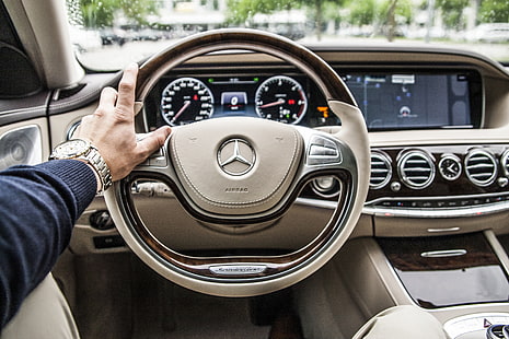 grey Mercedes-Benz steering wheel and dashboard, mercedes, car, steering wheel, interior, HD wallpaper HD wallpaper