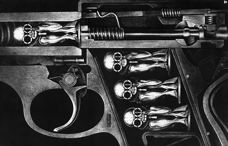 H. R. Giger, monochrome, artwork, dark, bullet, HD wallpaper