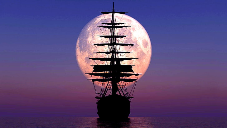 calm, sea, sky, sailing ship, full moon, water, moon, silhouette, horizon, purple, caravel, dusk, night, supermoon, HD wallpaper