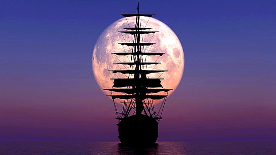 calm, sea, sky, sailing ship, full moon, water, moon, silhouette, horizon, purple, caravel, dusk, night, supermoon, HD wallpaper HD wallpaper